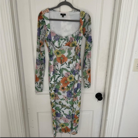 Floral Long-Sleeve Square Neck Maxi Dress - White with Multicolor Blooms - Picture 2 of 5